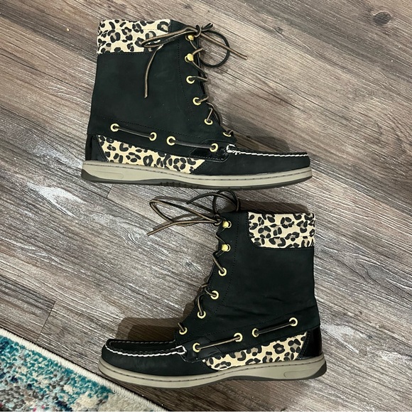 Sperry Boots Women's 9 Hikerfish Lace Up Black Leopard Leather - Picture 2 of 7
